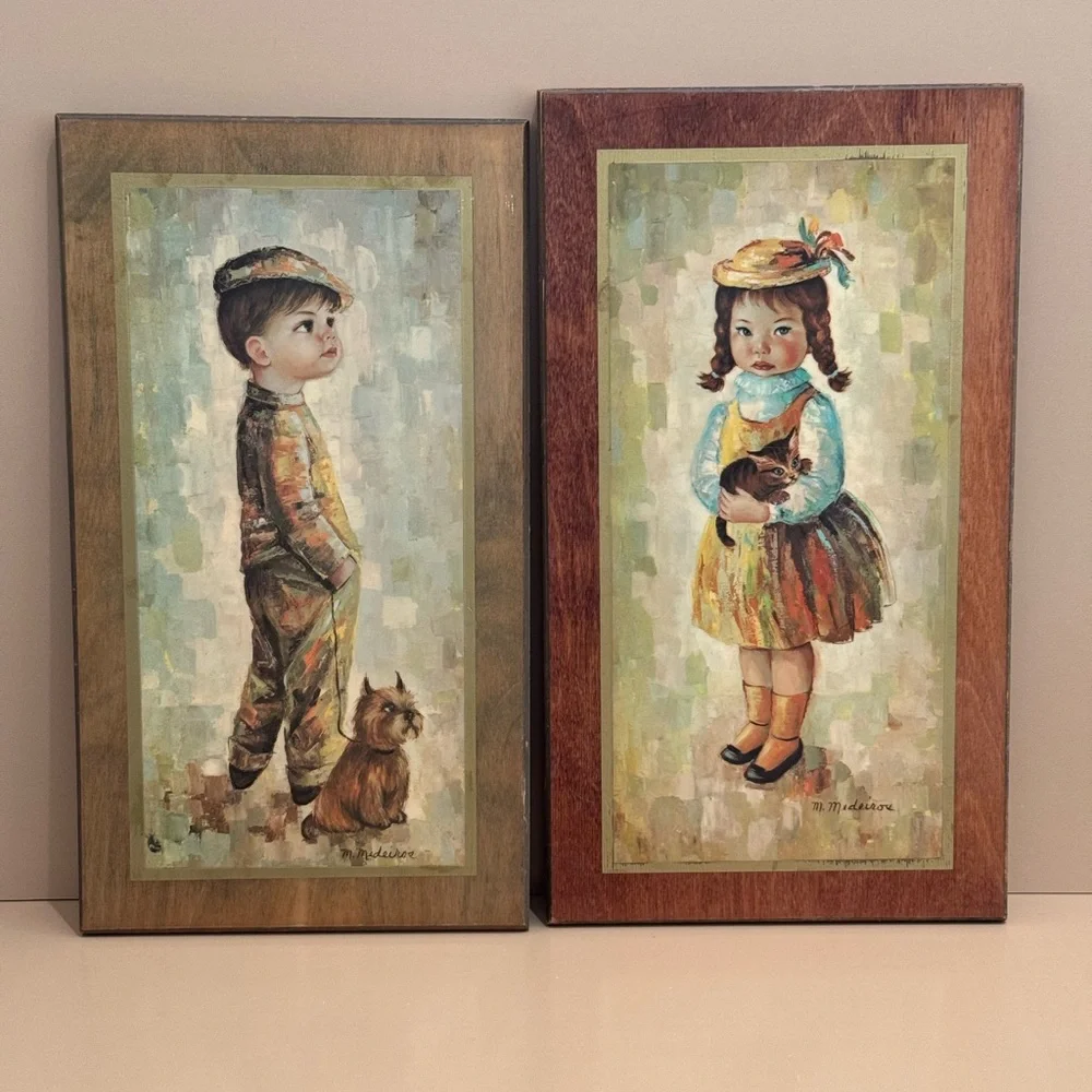 Mid Century Medeiros Girl with Cat and Boy with Dog Big Eye Wall Art - Picture 2 of 13